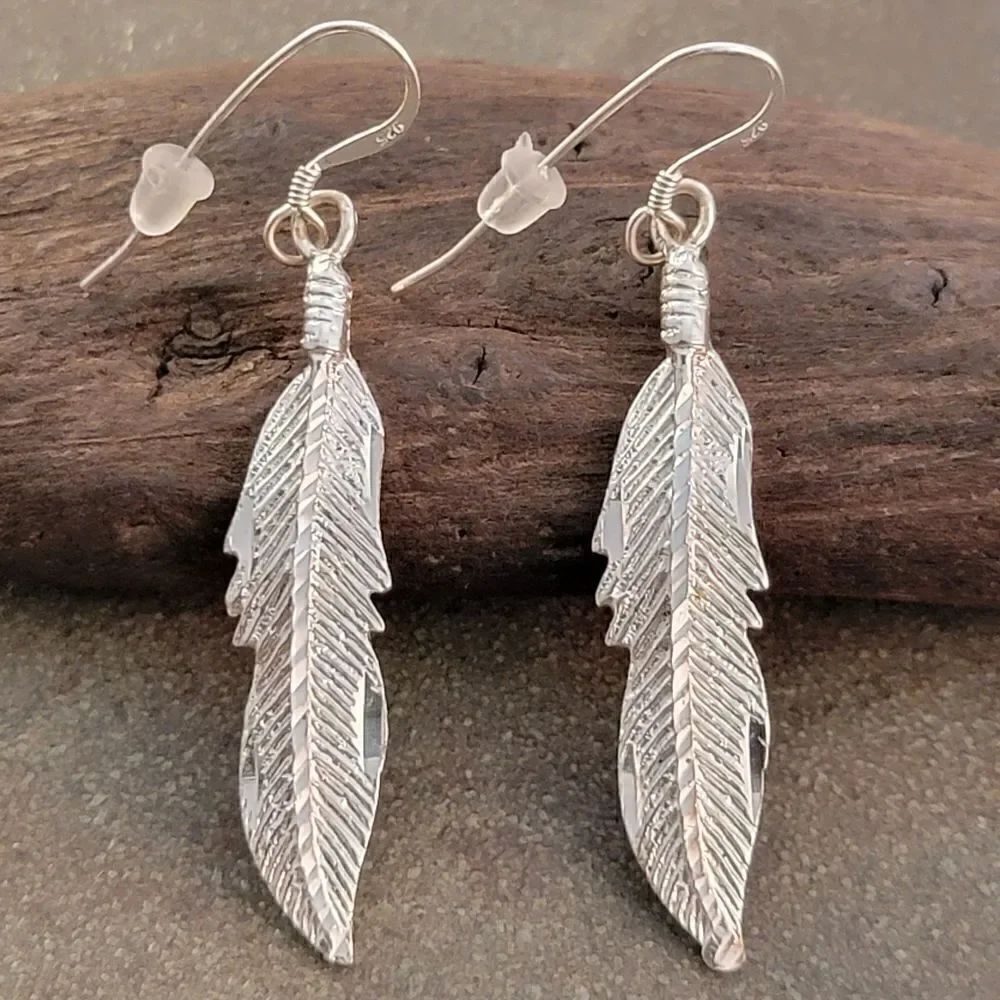 Vintage Sterling Diamond Cut Feather Dangle Drop Earrings